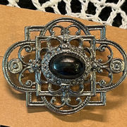 Beautiful Vintage Ornate Design Silver Tone with‎ Black Aura Borealis Brooch