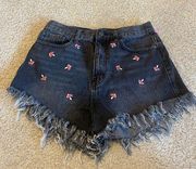 Simple society embroidered mushroom denim shorts