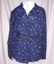 Navy Pink Rosebud Print Smock Tunic Top Shirt Button Front Large w/belt