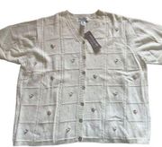 Jones New York Vintage  linen short sleeve beige rib floral embroidered sweater