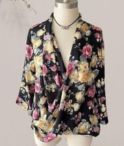 Free Press Black Floral Print 3/4 Sleeve Plunge Wrap Front Blouse Top  Size XS