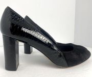 TAHARI Sz 8M Elvira Suede Faux‎ Reptile Patent Leather Block Heel Pump Black