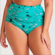 Torrid Teal&Pink Flamingo Print High Rise Ruched Brief Bikini Bottom Sz.5