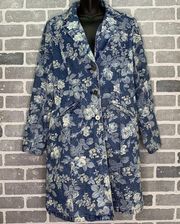 Vintage Newport News Collection Blue & White Floral Denim Long Blazer Size 8