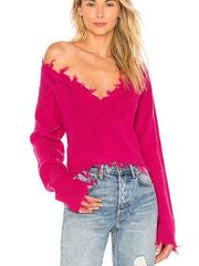 Lovers + Friends Prospect Fray Hem Barbie Pink Fuchsia V neck Cropped Sweater