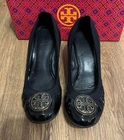 Tory Burch black gold wedge heeled pumps shoes women’s 7