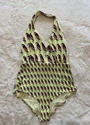 H&M Yellow Parrot Bird Print Halter One Piece Swimsuit NWOT size 6