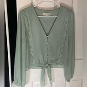 Turquoise Button Down Lace Cropped Tie Front Blouse