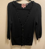 Juicy Couture Black Ruffle Trim V-Neck Wool, Cashmere, Viscose Blend Cardigan