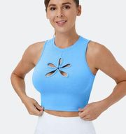 NWT Halara XS Ribbed Knit Floral Cut Out Cropped Baby Blue Athletic Tank Top