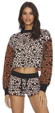 Beach Riot Ava Pink Love Heart Cheetah Print Cropped Sweatshirt Size Small