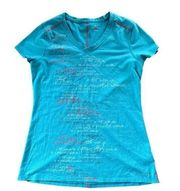 Moving Comfort Womens V-Neck Blue Graphic Lettering T-Shirt Size Large