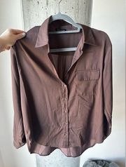 Brown Long Sleeve Button Satin Blouse