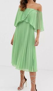 NWT  Pleated Bandeau Midi Dress 6 Green Off The Shoulder Chiffon Overlay