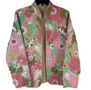 Vintage Retro Floral and Tan Reversible Open Front Quilted Jacket Size Large