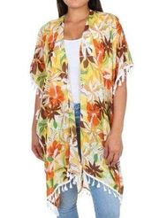 Room Mates Tropical Flower Print Kimono medium cardigan short sleeve hem tassel