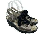 FLY London Ylva Slingback Lace-up Wedge Sandals Metallic Size 37 / US 6-6.5