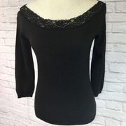 Black sparkly lace trim boat neck sweater, medium three quarter sleeve knit