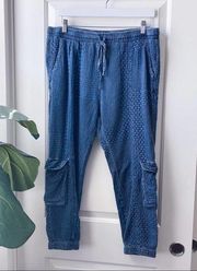 Embroidered Chambray Jogger Cargo Pants Size Large