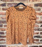 Joy Joy Brown Animal Print Long Puff Sleeve Top Women's Size Medium