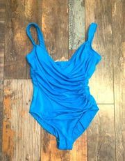 Miraclesuit Womens Sz 12 Rouched One Piece Wrap Swimsuit Blue Underwired