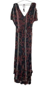 Poupette St. Barth Black Red Printed Satin Short Sleeve Jumpsuit