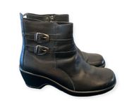 Booties Bibi Leather Buckle Moto Wedge Clog Chunky Black Size 39 9