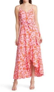 Chelsea28 Women's Pink Floral Faux Wrap Sleeveless Midi Dress Ruffle Hem S NWT