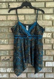 Y2K Self Esteem Embellished Tank Top Teal Blue Brown 2000s Fairy Grunge Size XL