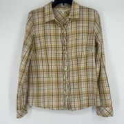 Garnet Hill Plaid Button Up Shirt Brown Beige Ruffle Trim Long Sleeve Size 8