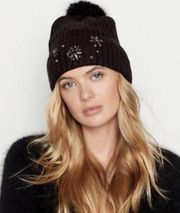 Victoria's Secret Snowflake Sparkle Pom Pom Beanie Hat Black New With Tags