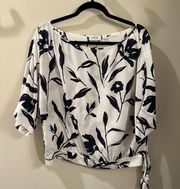 Per Se White & Navy Blue Floral 3/4 length sleeve silk blouse | Size 8