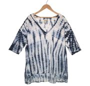 New XCVI Top Womens L Tie Dye Tunic Boho V Neck Short Sleeve Textured Knit Blue