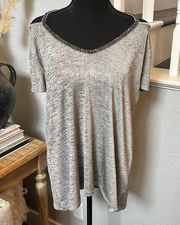 Juicy Couture Bedazzled Neck Line Silver Metallic Top