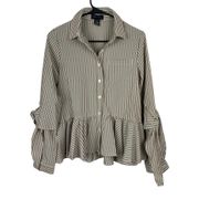 Brown and White Striped Peplum Button-Up Blouse