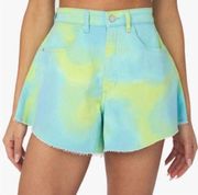 WeWoreWhat Denim Shorts Flare Bell High Waisted Stretch Twill Blue Yellow 27 NWT