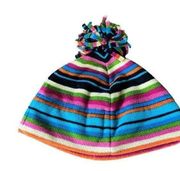 Rainbow striped fleece hat with pom pom