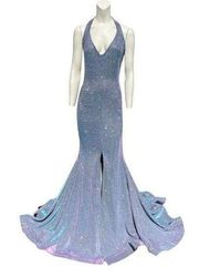 Jessica Angel Metallic Shimmer Halter Front Slit Gown Blue Size Medium NWT