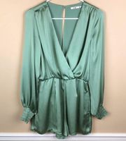 Miami Women’s Satin Mint Green Faux Wrap Open Back Long Sleeve Romper