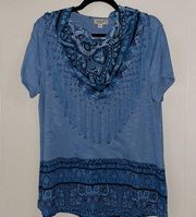 One World Blue Top with Boho Print & Matching Scarf With Fringe Sz M