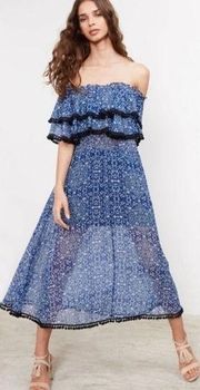 Misa Los Angeles Blue Maribel Pom pom trim off shoulder midi dress S