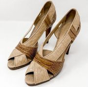 Oscar De La Renta  Vintage Tan Peeptoe Cut Out Heels, EUC, Size 38