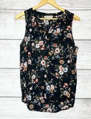 Pink Rose Black Floral Sleeveless Lightweight Casual Blouse Top Size Large