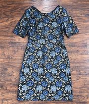 Brooks Brothers • floral brocade sheath dress blue gold metallic black fitted