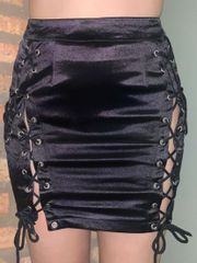 Black Satin Lace Up Mini Skirt