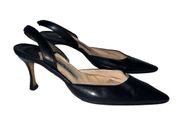 Manolo Blahnik Black Leather Pointed Toe Slingback Kitten Heel