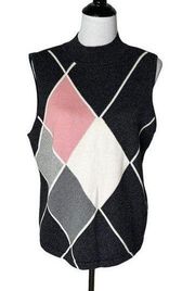 Liz Claiborne Argyle Knit Sleeveless Sweater Pink White Mock Neck Women Size L P