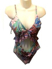 Hurley Floral Cut Out One Piece Swimsuit XL Ruffled Lace Up Back Sporty Summer