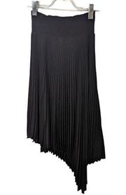 A.L.C. Black Midi Skirt Accordion Pleating Uneven Hem Smocked Stretch Waist 6