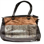 The Sak Two Way Tote Large Handbag 100% Leather Brown Snake Pattern
